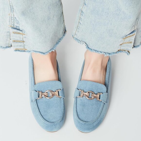 Womens Light Blue Fabric Slip On Comfort Chunky Heel Lug Sole Loafers Shoes - Picture 3 of 9